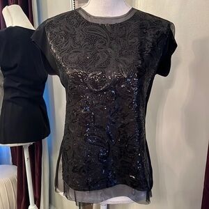 New With Tags BCBGMAXAZRIA Black Obree Sequins and Sheer Top Size Small
